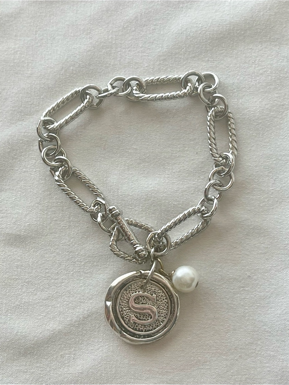 Initial S Charm Silver Tone Toggle Bracelet with Pearl Accent